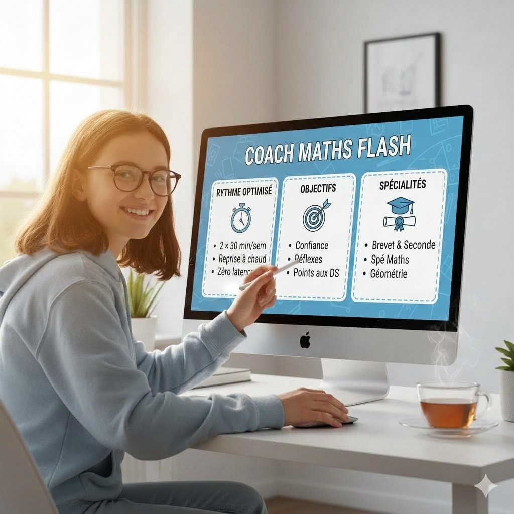 Élève souriante suivant une séance de Coach Maths Flash sur son écran