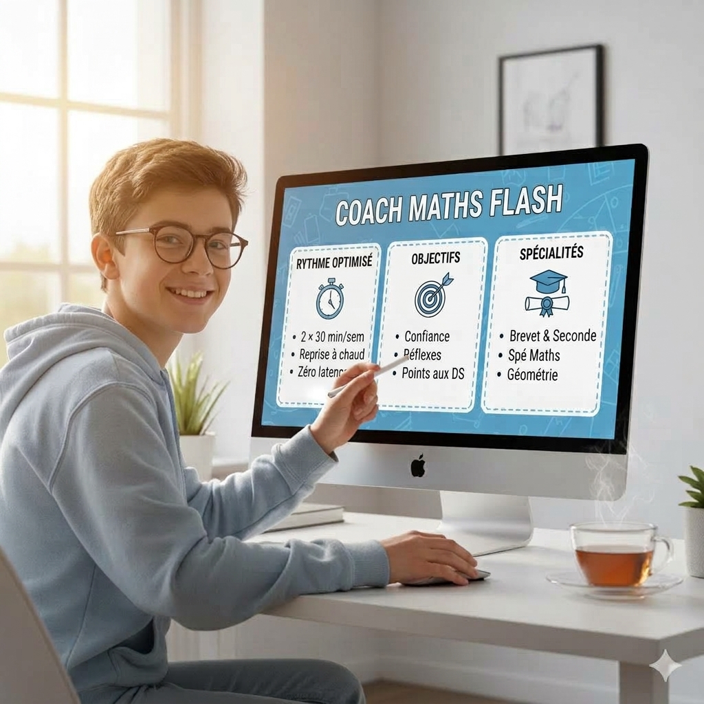 Élève souriant suivant une séance de Coach Maths Flash sur son écran